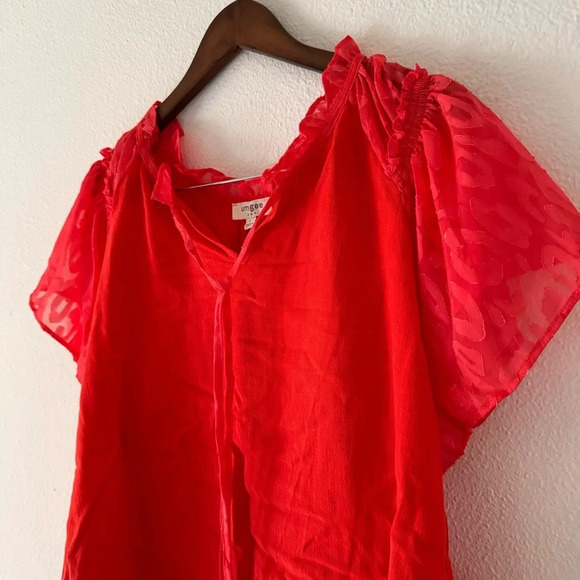 Umgee New Large Red Animal Print Ruffle Sleeve Blouse Breezy - Picture 4 of 11